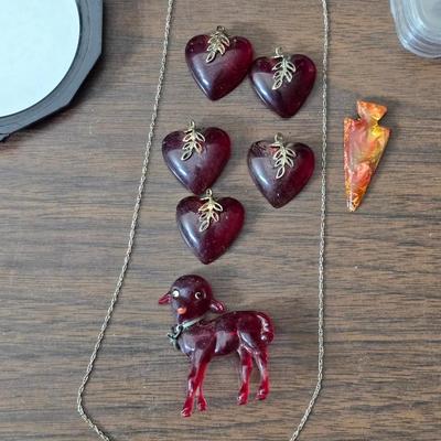 Small trinkets & collectibles - Brooch pin - vintage box with tools - necklaces - soaps - compacts and more