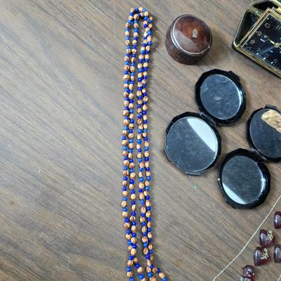 Small trinkets & collectibles - Brooch pin - vintage box with tools - necklaces - soaps - compacts and more