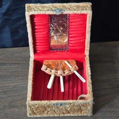 Small trinkets & collectibles - Brooch pin - vintage box with tools - necklaces - soaps - compacts and more