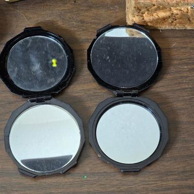 Small trinkets & collectibles - Brooch pin - vintage box with tools - necklaces - soaps - compacts and more