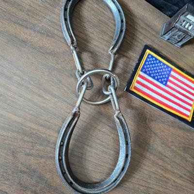 Collection of trinkets and gag gifts -cast Slot machine - iron on flag - Pez pal Pete with no feet -grow a date- horseshoe puzzle - over...