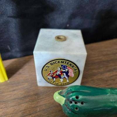 Collection of trinkets and gag gifts -cast Slot machine - iron on flag - Pez pal Pete with no feet -grow a date- horseshoe puzzle - over...