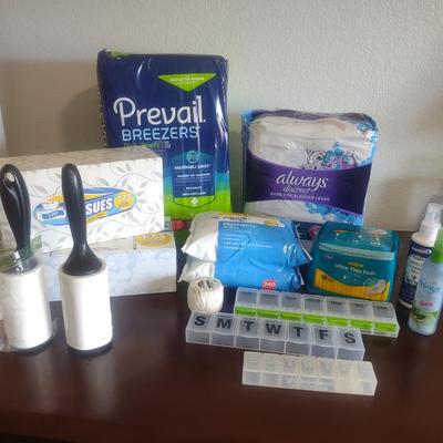 ALWAYS PANTY LINERS, TISSUE, PILL CONTAINER, LINT ROLLER