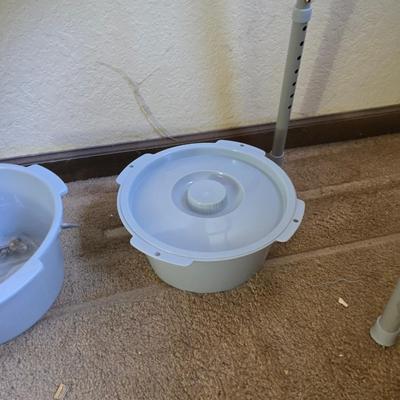 Mobility aide walker and bedside toilet with a vintage glass urinal