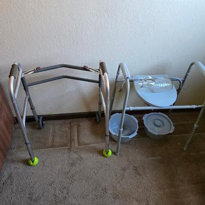 Mobility aide walker and bedside toilet with a vintage glass urinal