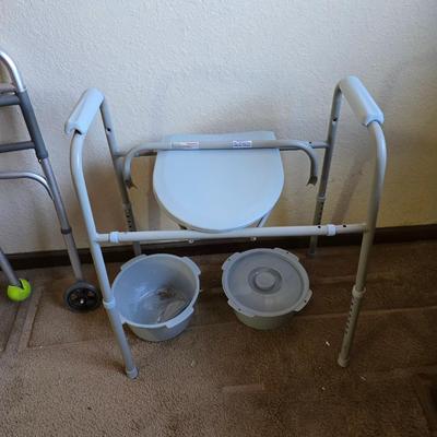 Mobility aide walker and bedside toilet with a vintage glass urinal