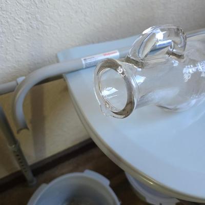Mobility aide walker and bedside toilet with a vintage glass urinal