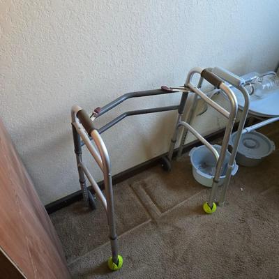 Mobility aide walker and bedside toilet with a vintage glass urinal