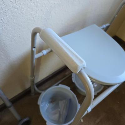 Mobility aide walker and bedside toilet with a vintage glass urinal