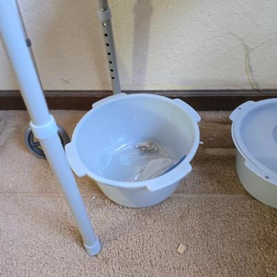 Mobility aide walker and bedside toilet with a vintage glass urinal