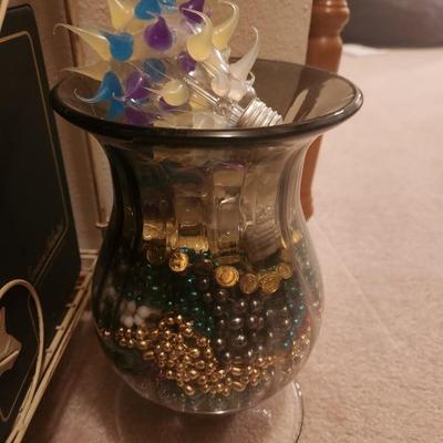 Vase of Mardi Gras Beads