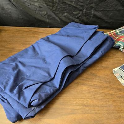 Blue full-sized bedspread with matching pillow case - plaid sheet set and a blue sheet set.