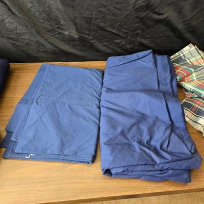 Blue full-sized bedspread with matching pillow case - plaid sheet set and a blue sheet set.