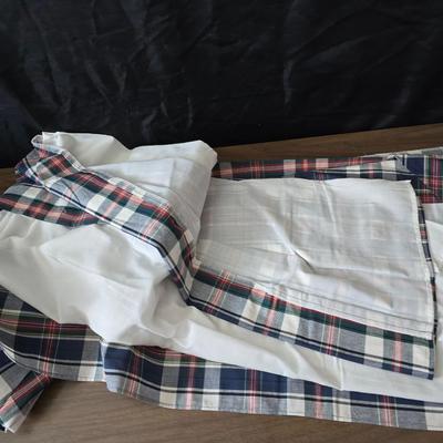 Blue full-sized bedspread with matching pillow case - plaid sheet set and a blue sheet set.