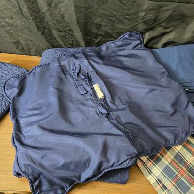 Blue full-sized bedspread with matching pillow case - plaid sheet set and a blue sheet set.