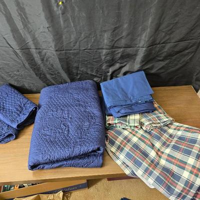 Blue full-sized bedspread with matching pillow case - plaid sheet set and a blue sheet set.