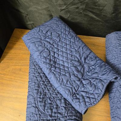 Blue full-sized bedspread with matching pillow case - plaid sheet set and a blue sheet set.