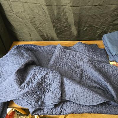 Blue full-sized bedspread with matching pillow case - plaid sheet set and a blue sheet set.