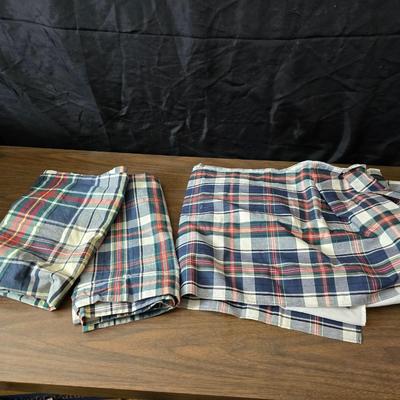 Blue full-sized bedspread with matching pillow case - plaid sheet set and a blue sheet set.