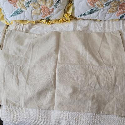 Vintage textured Chenille bedspread with several sheet sets and two vintage throw pillows