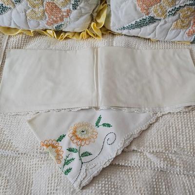 Vintage textured Chenille bedspread with several sheet sets and two vintage throw pillows