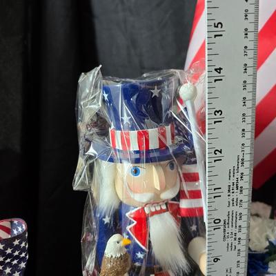 4th of July USA decorations - Uncle Sam nutcracker - flags - fabric - bouquets and more