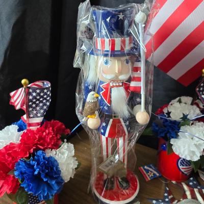 4th of July USA decorations - Uncle Sam nutcracker - flags - fabric - bouquets and more