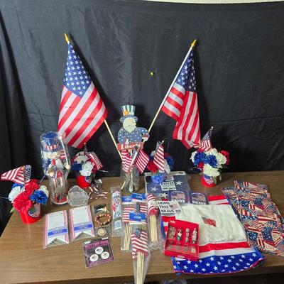 4th of July USA decorations - Uncle Sam nutcracker - flags - fabric - bouquets and more