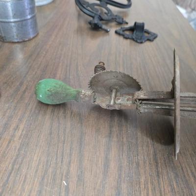 Vintage home decor - small stained glass - cast iron wall pocket with original hardware - old hand mixer - cheese box - copper bell and more