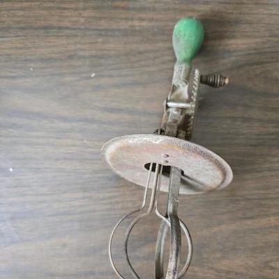 Vintage home decor - small stained glass - cast iron wall pocket with original hardware - old hand mixer - cheese box - copper bell and more