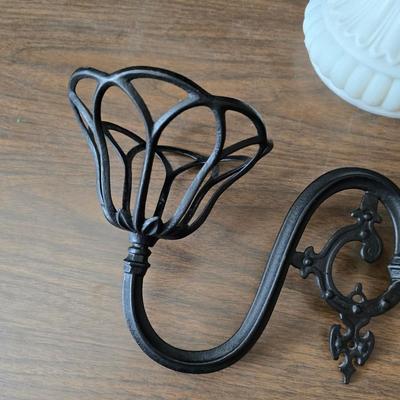 Vintage home decor - small stained glass - cast iron wall pocket with original hardware - old hand mixer - cheese box - copper bell and more