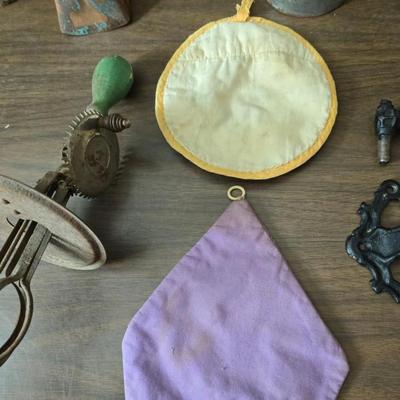 Vintage home decor - small stained glass - cast iron wall pocket with original hardware - old hand mixer - cheese box - copper bell and more