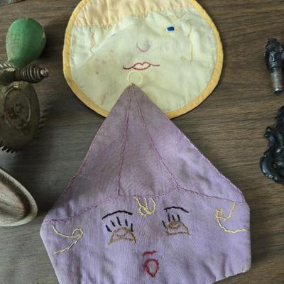 Vintage home decor - small stained glass - cast iron wall pocket with original hardware - old hand mixer - cheese box - copper bell and more