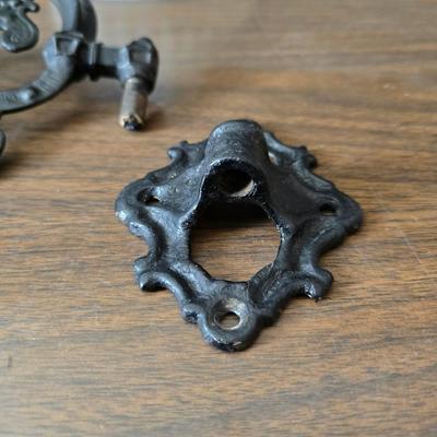 Vintage home decor - small stained glass - cast iron wall pocket with original hardware - old hand mixer - cheese box - copper bell and more