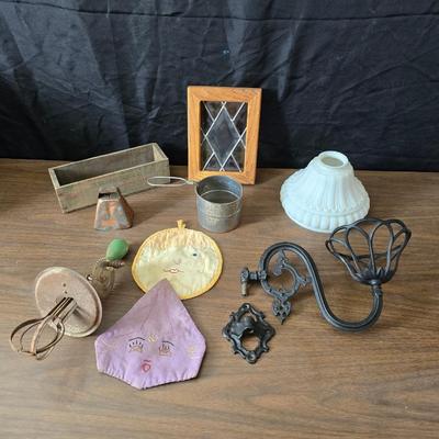 Vintage home decor - small stained glass - cast iron wall pocket with original hardware - old hand mixer - cheese box - copper bell and more