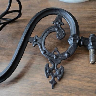 Vintage home decor - small stained glass - cast iron wall pocket with original hardware - old hand mixer - cheese box - copper bell and more