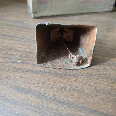 Vintage home decor - small stained glass - cast iron wall pocket with original hardware - old hand mixer - cheese box - copper bell and more