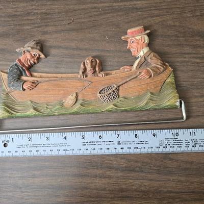 Collecion of vintage home decor - Antique picture frames with prints - windmill music box - old lamp with shade and two men in a canoe