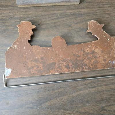 Collecion of vintage home decor - Antique picture frames with prints - windmill music box - old lamp with shade and two men in a canoe