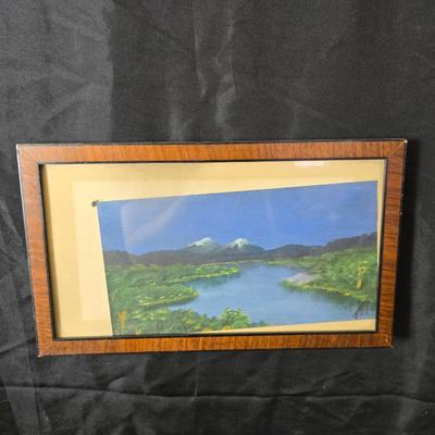 Collecion of vintage home decor - Antique picture frames with prints - windmill music box - old lamp with shade and two men in a canoe