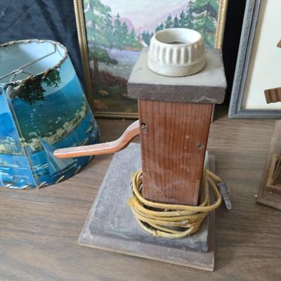 Collecion of vintage home decor - Antique picture frames with prints - windmill music box - old lamp with shade and two men in a canoe