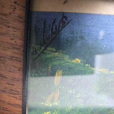 Collecion of vintage home decor - Antique picture frames with prints - windmill music box - old lamp with shade and two men in a canoe