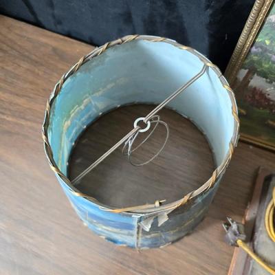 Collecion of vintage home decor - Antique picture frames with prints - windmill music box - old lamp with shade and two men in a canoe