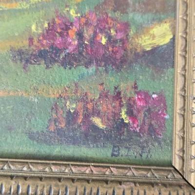 Collecion of vintage home decor - Antique picture frames with prints - windmill music box - old lamp with shade and two men in a canoe