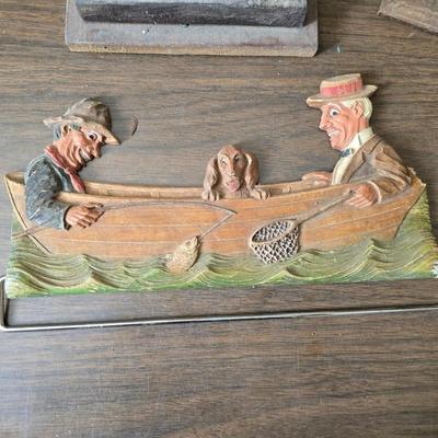 Collecion of vintage home decor - Antique picture frames with prints - windmill music box - old lamp with shade and two men in a canoe