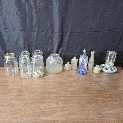 1930s Houze cobalt blue glass sailboat rocker ink blotter. with a collection of old bottles and some canning jars