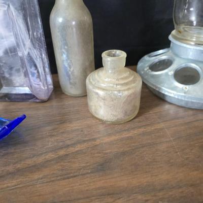 1930s Houze cobalt blue glass sailboat rocker ink blotter. with a collection of old bottles and some canning jars