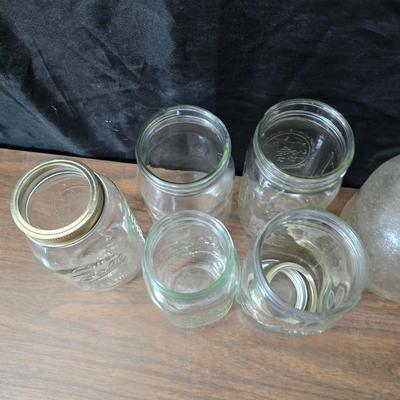 1930s Houze cobalt blue glass sailboat rocker ink blotter. with a collection of old bottles and some canning jars