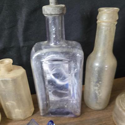 1930s Houze cobalt blue glass sailboat rocker ink blotter. with a collection of old bottles and some canning jars