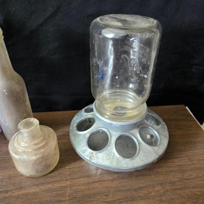 1930s Houze cobalt blue glass sailboat rocker ink blotter. with a collection of old bottles and some canning jars